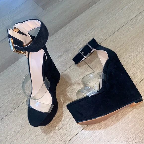 Suede Platform Black Wedge Sandals - Picture 7 of 10